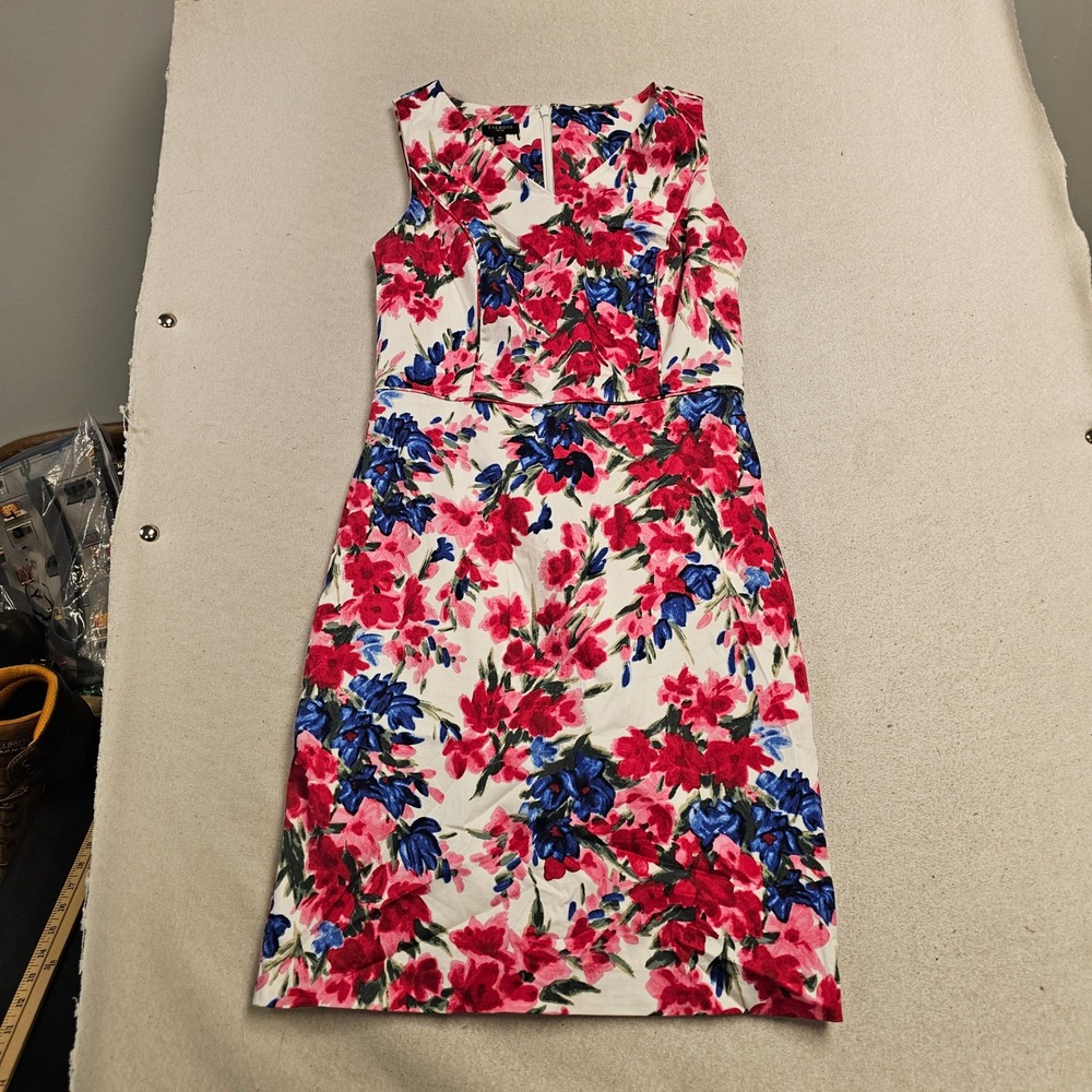 Talbots Petites Floral Sheath Dress Pink Blue White V-Neck Sleeveless 4P